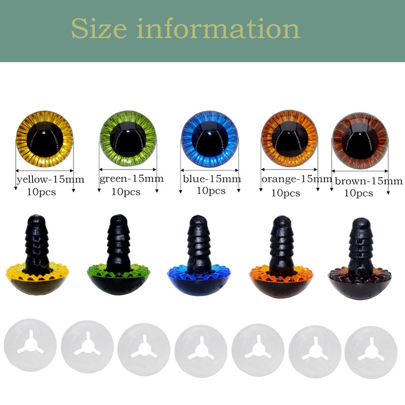 ARTCXC 50Pcs 15mm 5Colors Plastic Safety Eyes Craft Eyes with Sturdy Washers for Crocheting Doll, Puppet, Plush Animal DIY Making - Image 2